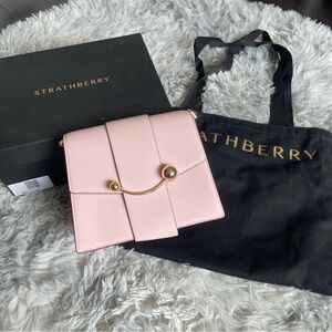 Strathberry Box Crescent Leather Shoulder Bag in Quartz Pink